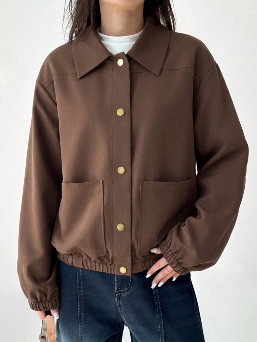 Brown Button Bomber Jacket with Patch Pockets